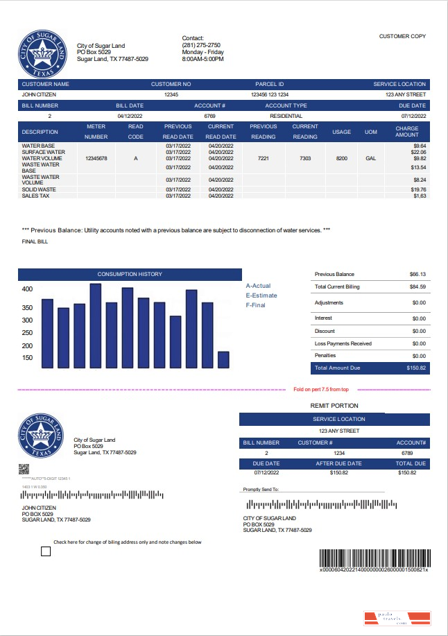USA Texas City of Sugar Land utility bill template in Word and PDF format